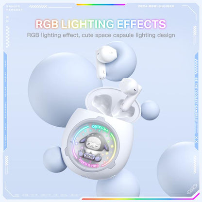 ONIKUMA T302 RGB Cute Unique Doll BT 5.4 Wireless Earphones, White, Pink