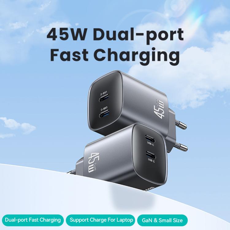 USAMS CC305 T66 45W Dual USB-C / Type-C GaN Fast Charger, EU Plug