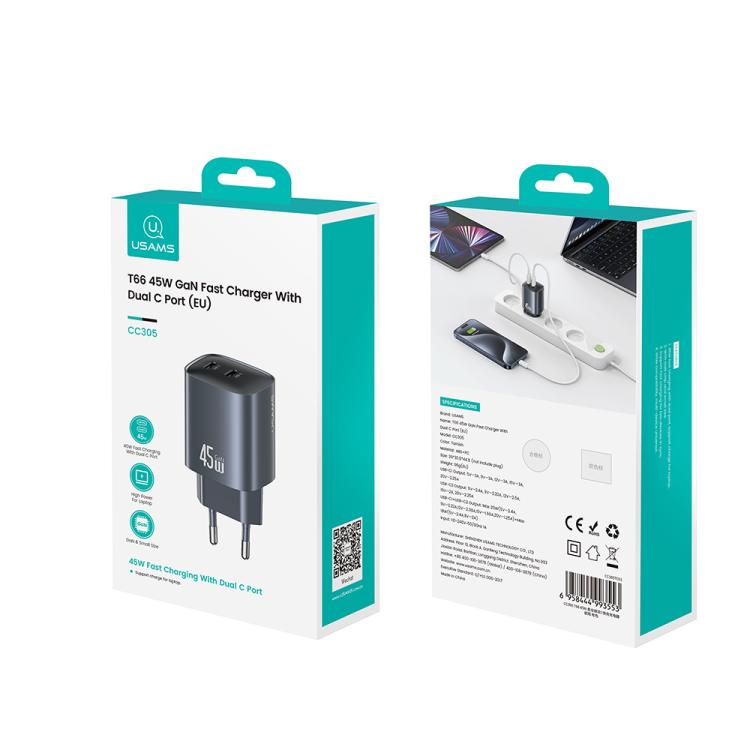 USAMS CC305 T66 45W Dual USB-C / Type-C GaN Fast Charger, EU Plug