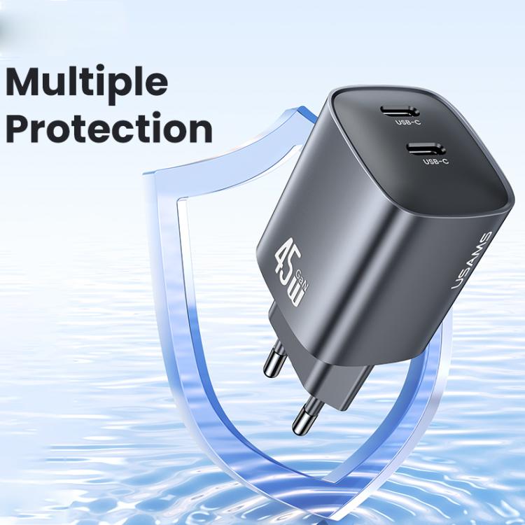 USAMS CC305 T66 45W Dual USB-C / Type-C GaN Fast Charger, EU Plug