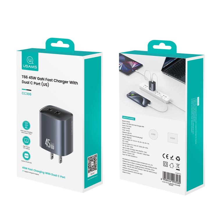 USAMS CC306 T66 45W Dual USB-C / Type-C GaN Fast Charger, US Plug, CC306