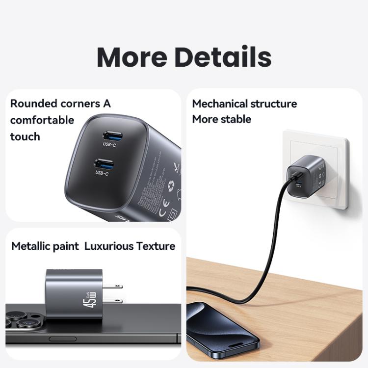 USAMS CC306 T66 45W Dual USB-C / Type-C GaN Fast Charger, US Plug, CC306