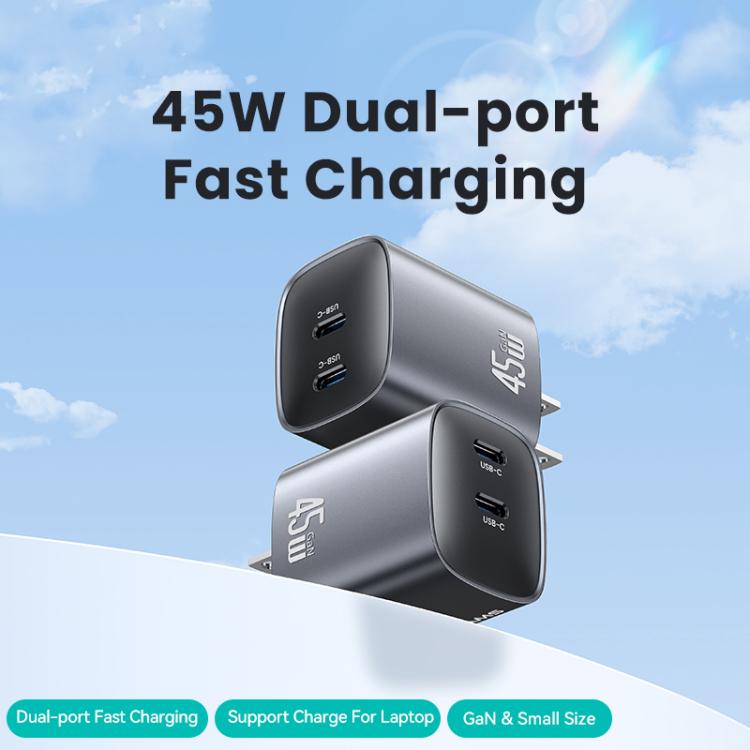 USAMS CC306 T66 45W Dual USB-C / Type-C GaN Fast Charger, US Plug, CC306