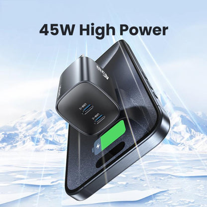 USAMS CC306 T66 45W Dual USB-C / Type-C GaN Fast Charger, US Plug, CC306
