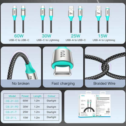 TOTU CB-21-PD 30W USB-C / Type-C to 8 Pin Aluminum Alloy Braided Data Cable, CB-21-PD