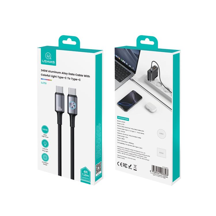 USAMS SJ751 240W Type-C to Type-C Aluminum Alloy Data Cable with Colorful Light, Length: 1.2m����...