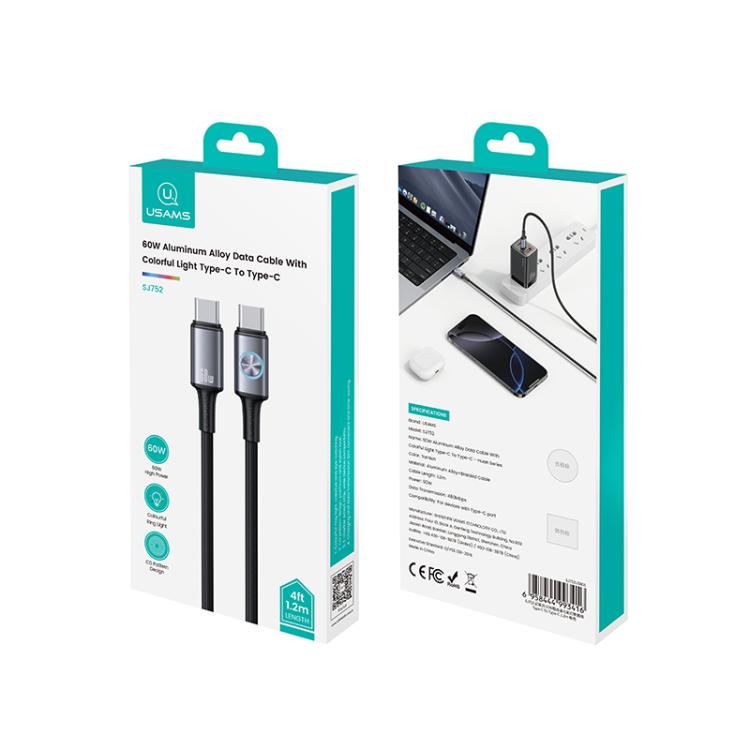 USAMS SJ752 60W Type-C to Type-C Aluminum Alloy Data Cable with Colorful Light, Length: 1.2m�����...