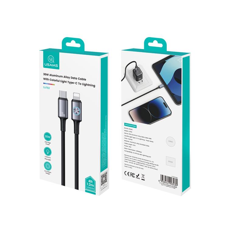USAMS SJ753 30W Type-C to 8 Pin Aluminum Alloy Data Cable with Colorful Light, Length: 1.2m������...