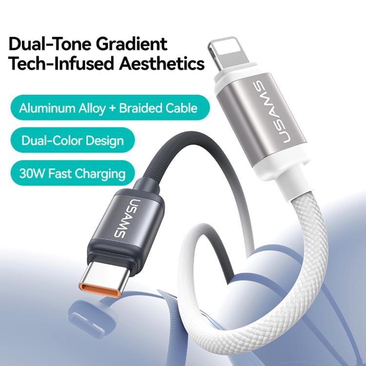 USAMS SJ757 30W Type-C to 8 Pin Dual Color Aluminum Alloy Fast Charging Data Cable, Type-C to 8 Pin