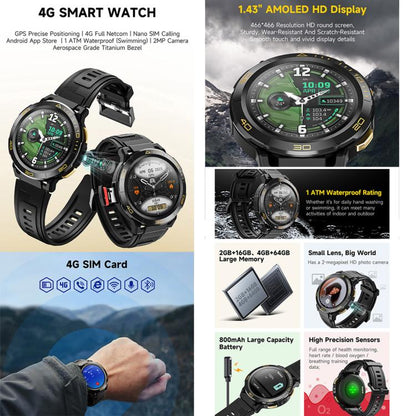 UNIWA DM300 4G Android Watch Phone, 1.43 inc Unisoc SL8541E Quad Core, Support Heart Rate / Blood...