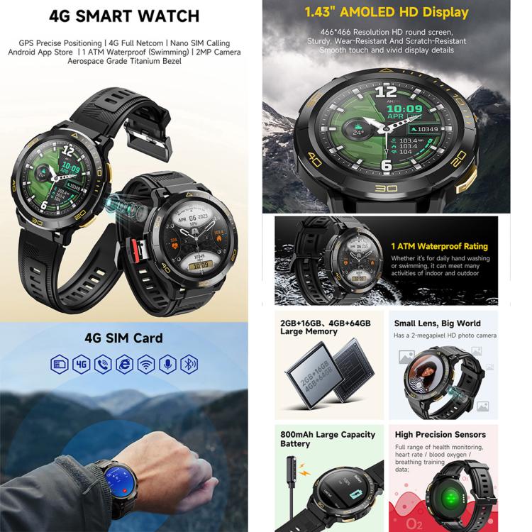 UNIWA DM300 4G Android Watch Phone, 1.43 inc Unisoc SL8541E Quad Core, Support Heart Rate / Blood...