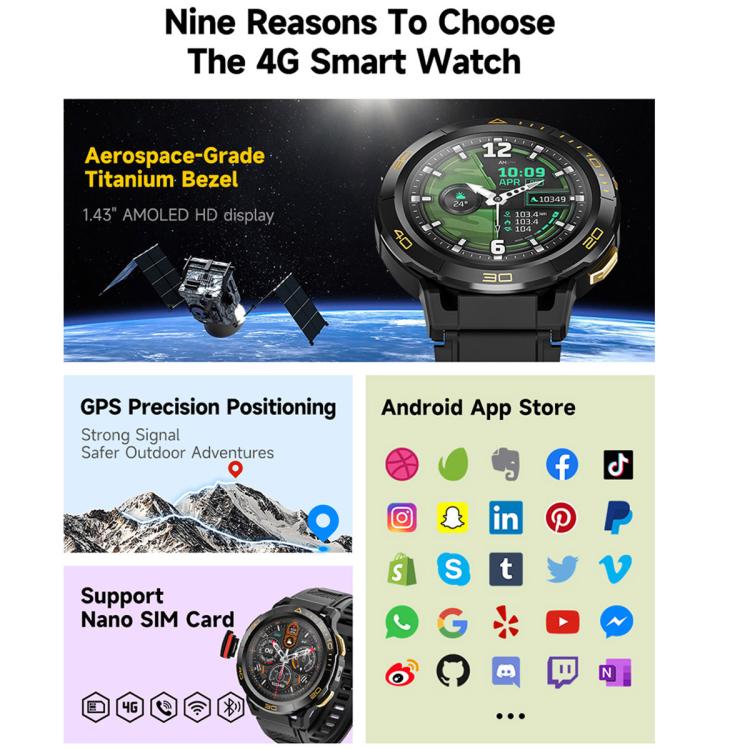 UNIWA DM300 4G Android Watch Phone, 1.43 inc Unisoc SL8541E Quad Core, Support Heart Rate / Blood...