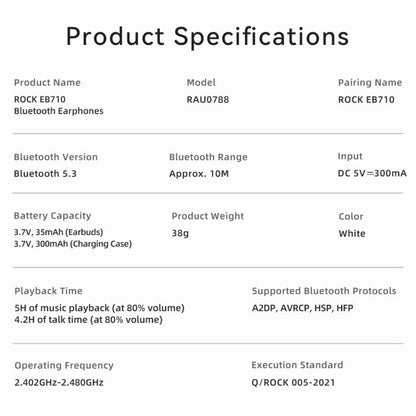 ROCK EB710 RAU0788 Bluetooth 5.3 Wireless Earphones, EB710