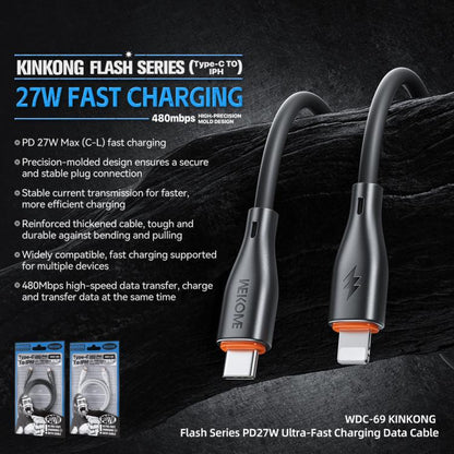 WK WDC-69 Kinkong Flash Series 1m PD27W PVC Fast Charging Data Cable, Type-C to 8 Pin