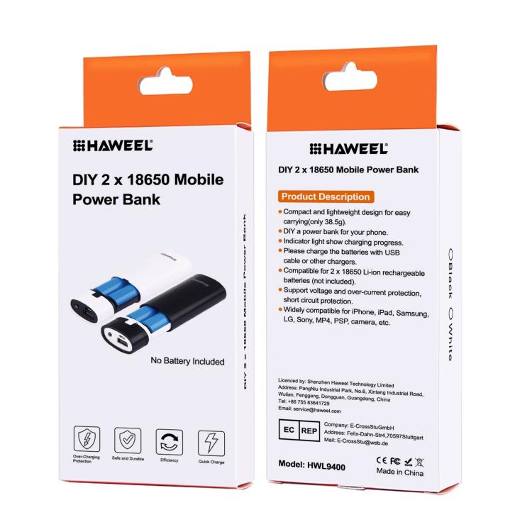 HAWEEL DIY 2x 18650 Battery (Not Included) 5600mAh Power Bank Shell Box with USB Output & Indicator