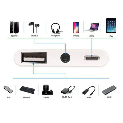 3 in 1 8 Pin + 3.5mm + USB 3.0 OTG to 8 Pin Male Adapter