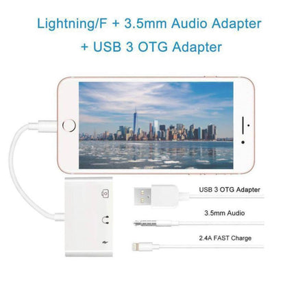 3 in 1 8 Pin + 3.5mm + USB 3.0 OTG to 8 Pin Male Adapter