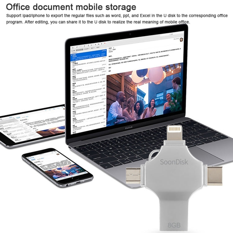 4 in 1 8GB USB 3.0 + 8 Pin + Mirco USB + USB-C / Type-C Dual-use Flash Drive with OTG Function