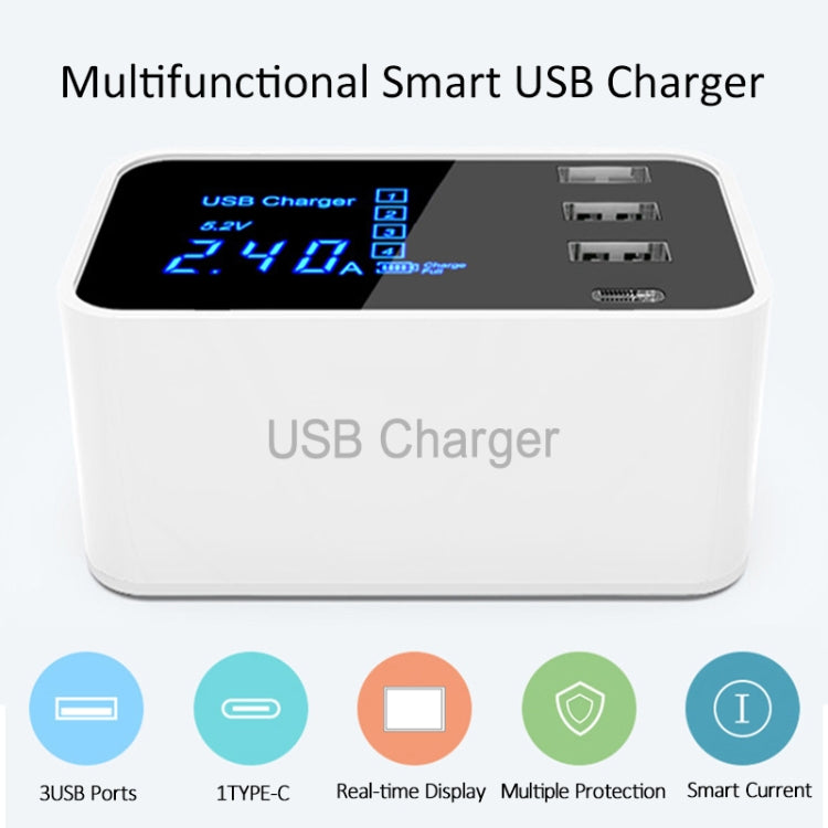 CDA30 20W 3 USB Ports + USB-C / Type-C Ports Multi-function Charger with LED Display, UK Plug����...