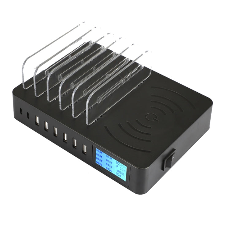 50W 6 USB Ports + 2 USB-C / Type-C Ports + Wireless Charging Multi-function Charger with LED Disp...