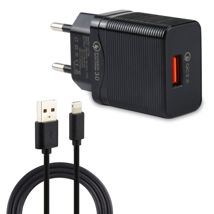 LZ-728 2 in 1 18W QC 3.0 USB Interface Travel Charger + USB to 8 Pin Data Cable Set, EU Plug, Cab...
