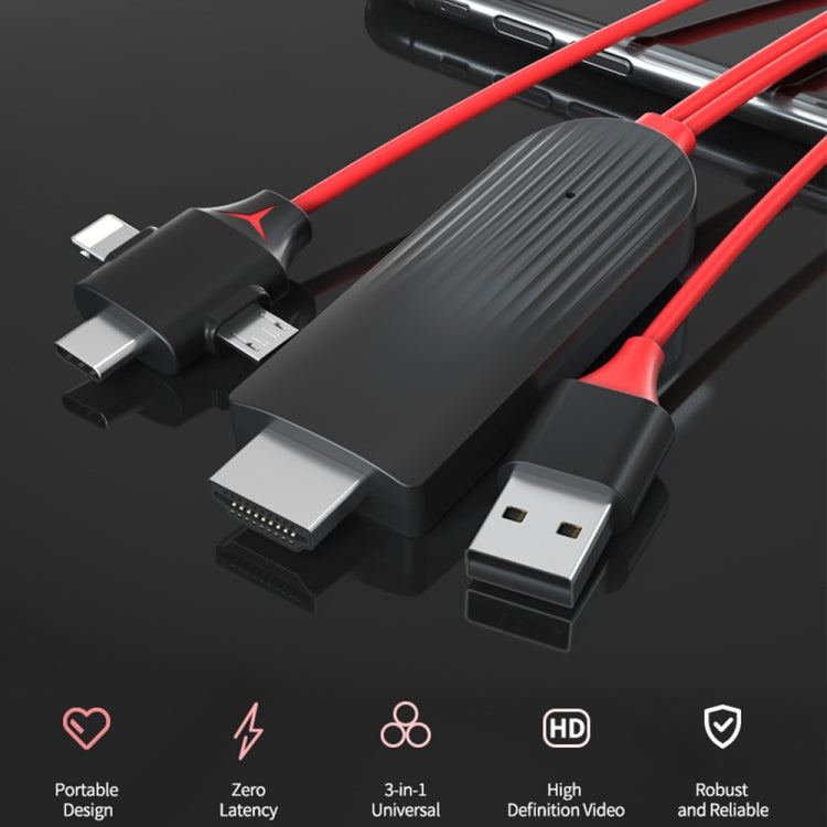 MiraScreen L7-8 3 in 1 8 Pin + Micro USB + USB-C / Type-C to HDMI Video Converter Cable, Cable Le...