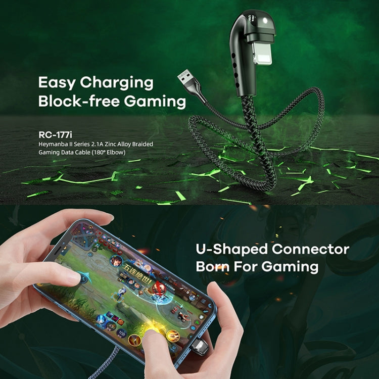REMAX RC-177i Heymanba II 2.1A USB to 8 Pin 180 Degrees Elbow Zinc Alloy Braided Gaming Data Cabl...