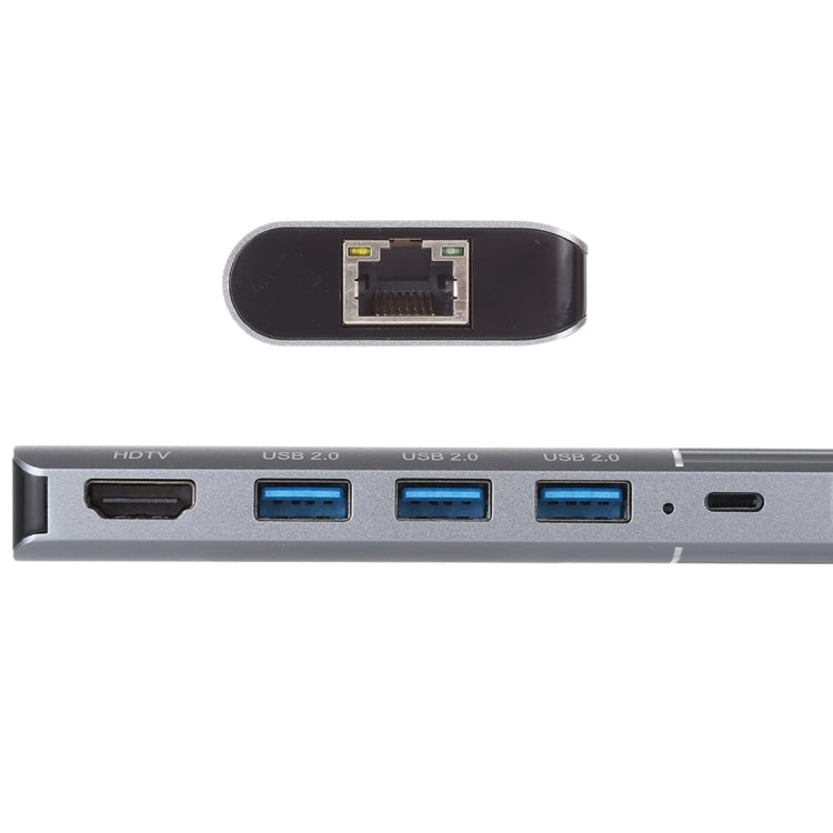 6 in 1 USB 2.0 x 3 + HDMI + RJ45 + 8 Pin Female Charging Port to 8 Pin Male Multi-function Dock S...