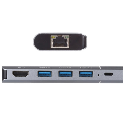 6 in 1 USB 2.0 x 3 + HDMI + RJ45 + 8 Pin Female Charging Port to 8 Pin Male Multi-function Dock S...