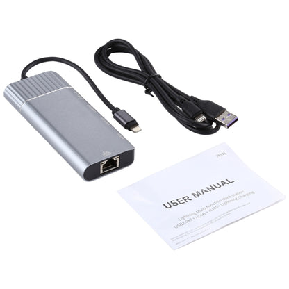 6 in 1 USB 2.0 x 3 + HDMI + RJ45 + 8 Pin Female Charging Port to 8 Pin Male Multi-function Dock S...