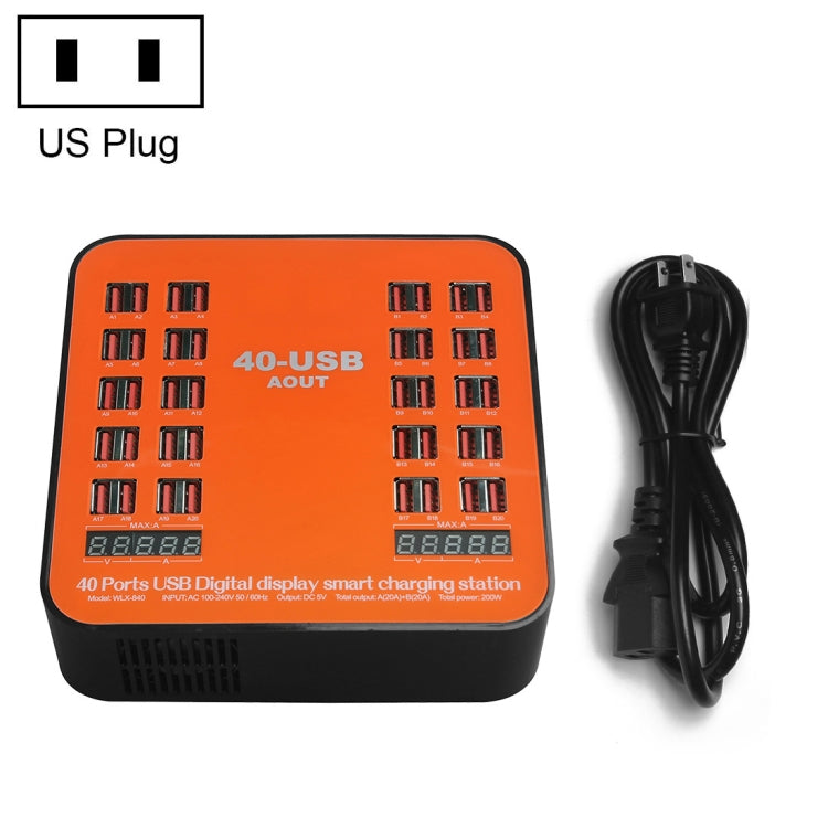 WLX-840 200W 40 Ports USB Digital Display Smart Charging Station AC100-240V, US Plug (Black+Orang...