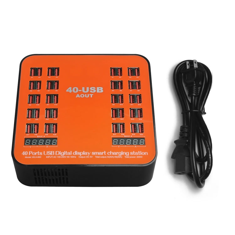 WLX-840 200W 40 Ports USB Digital Display Smart Charging Station AC100-240V, US Plug (Black+Orang...