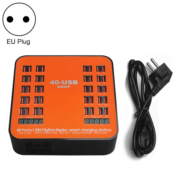 WLX-840 200W 40 Ports USB Digital Display Smart Charging Station AC100-240V, EU Plug (Black+Orang...