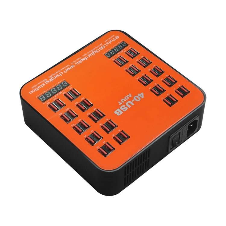 WLX-840 200W 40 Ports USB Digital Display Smart Charging Station AC100-240V, EU Plug (Black+Orang...