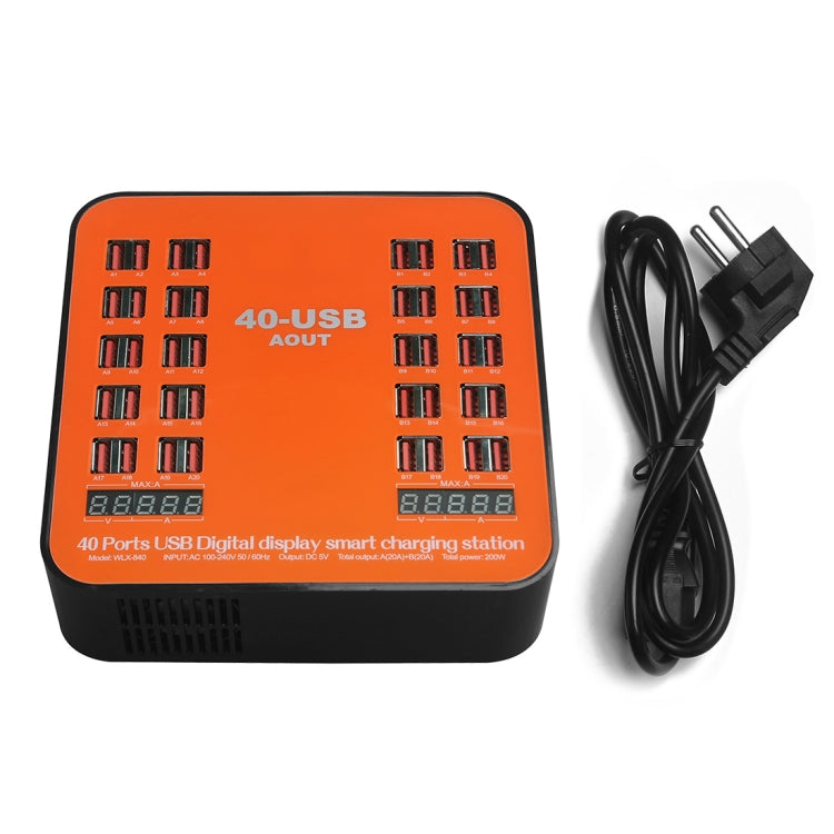 WLX-840 200W 40 Ports USB Digital Display Smart Charging Station AC100-240V, EU Plug (Black+Orang...