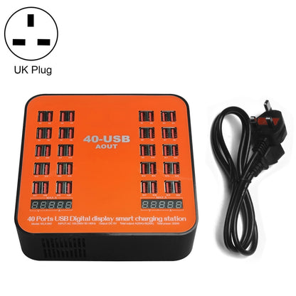 WLX-840 200W 40 Ports USB Digital Display Smart Charging Station AC100-240V, UK Plug (Black+Orang...