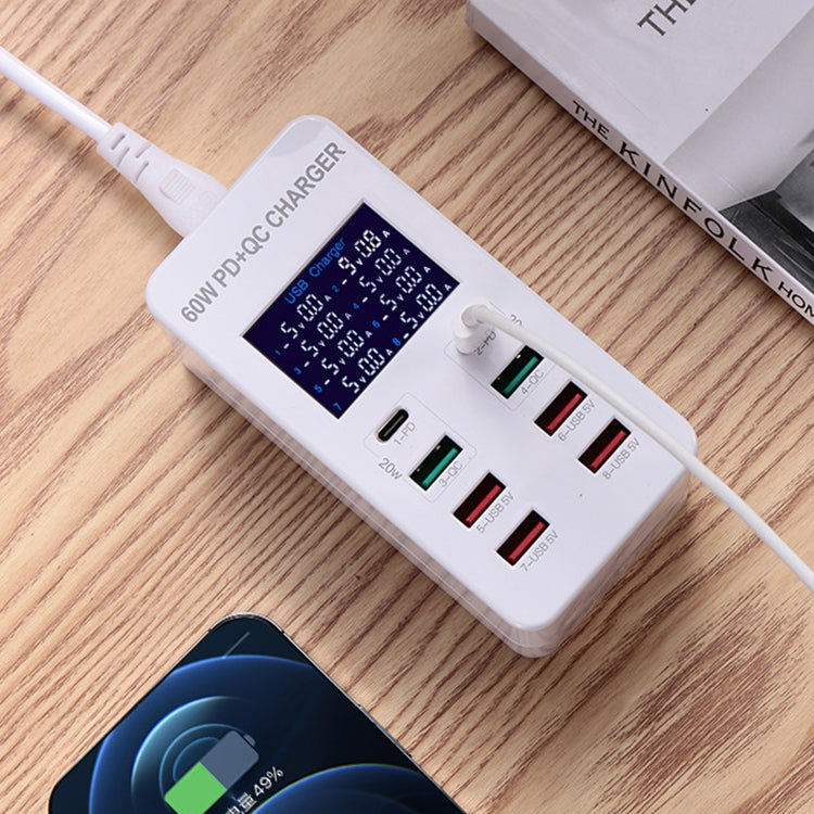 A8T 60W 8 Ports USB + QC3.0 + PD Type-C Smart Charging Station with Digital Display AC100-240V, A...
