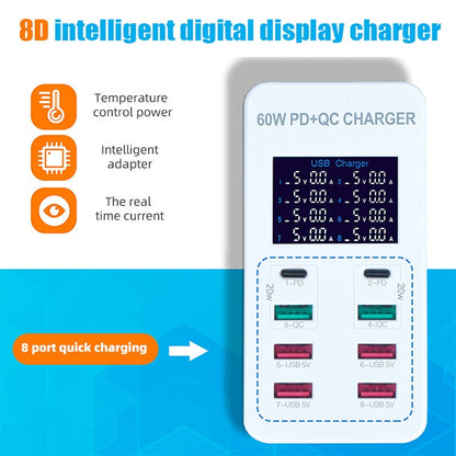 A8T 60W 8 Ports USB + QC3.0 + PD Type-C Smart Charging Station with Digital Display AC100-240V, A...
