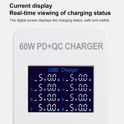 A8T 60W 8 Ports USB + QC3.0 + PD Type-C Smart Charging Station with Digital Display AC100-240V, A...