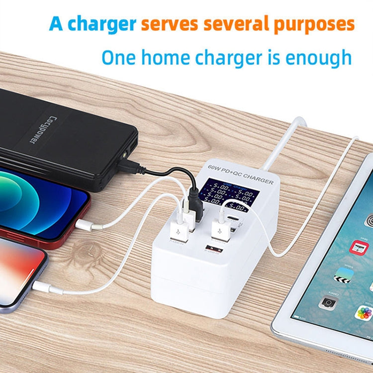 A8T 60W 8 Ports USB + QC3.0 + PD Type-C Smart Charging Station with Digital Display AC100-240V, A...