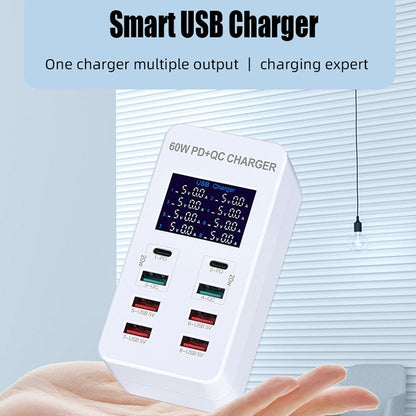 A8T 60W 8 Ports USB + QC3.0 + PD Type-C Smart Charging Station with Digital Display AC100-240V, E...