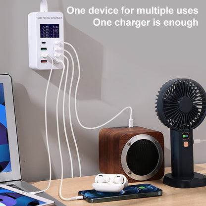 A8T 60W 8 Ports USB + QC3.0 + PD Type-C Smart Charging Station with Digital Display AC100-240V, E...
