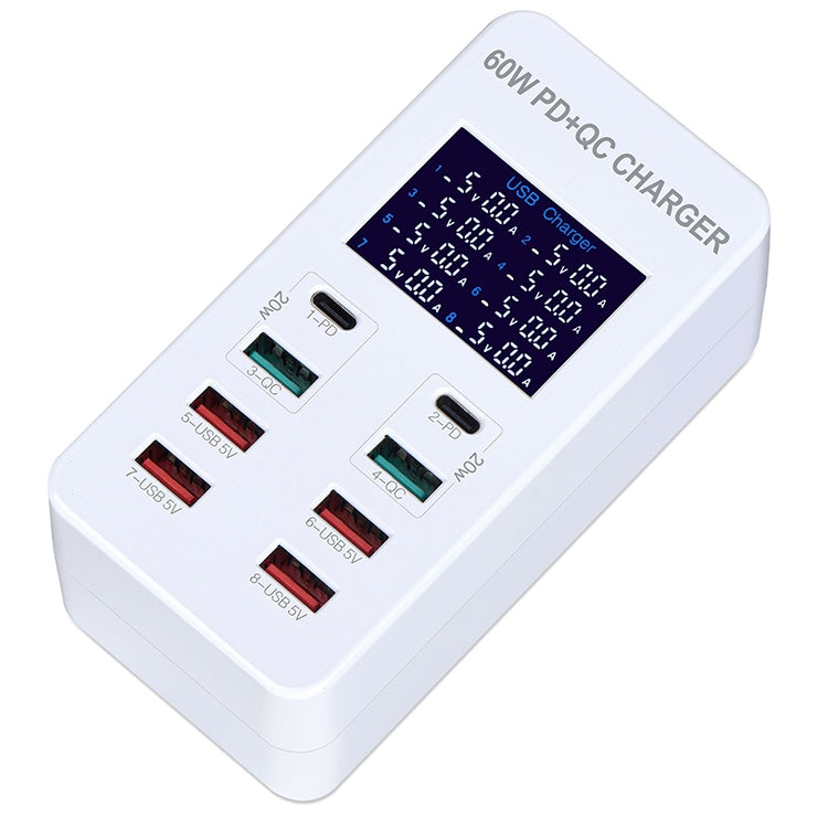 A8T 60W 8 Ports USB + QC3.0 + PD Type-C Smart Charging Station with Digital Display AC100-240V, U...