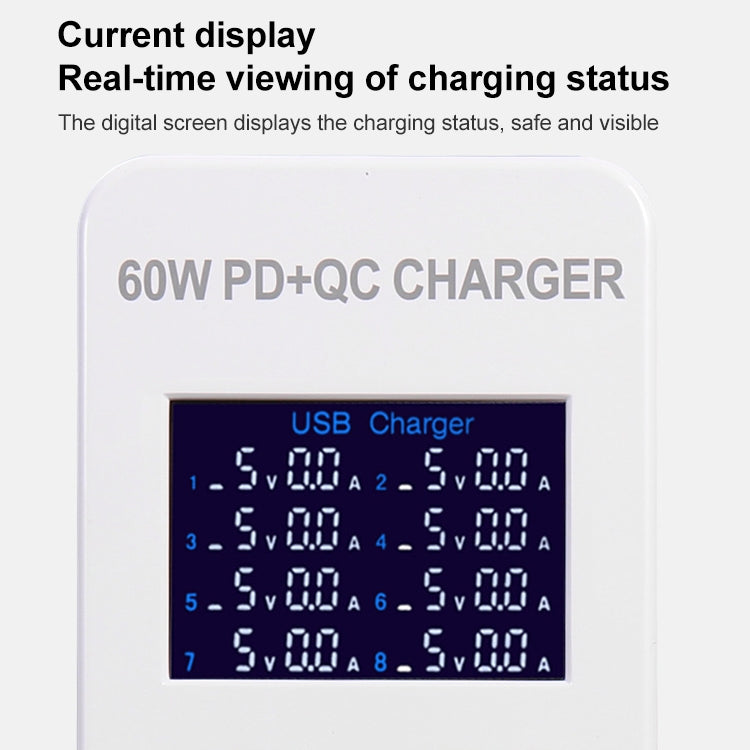 A8T 60W 8 Ports USB + QC3.0 + PD Type-C Smart Charging Station with Digital Display AC100-240V, U...