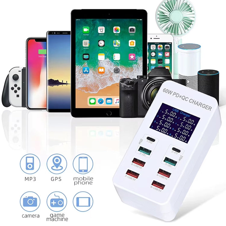 A8T 60W 8 Ports USB + QC3.0 + PD Type-C Smart Charging Station with Digital Display AC100-240V, U...