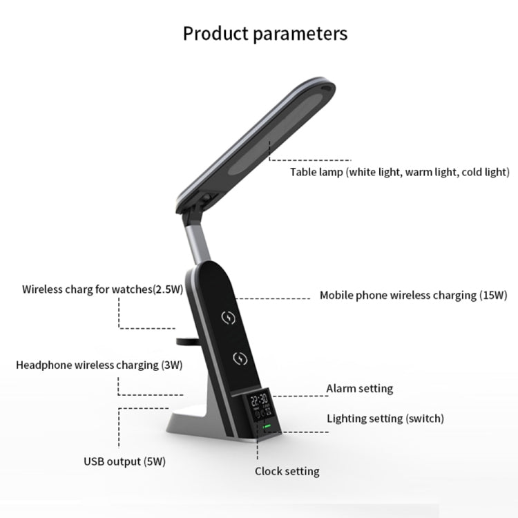H33 7 in 1 15W Multi-function Desk Lamp Wireless Charger for Mobile Phones / Apple Watches / AirP...