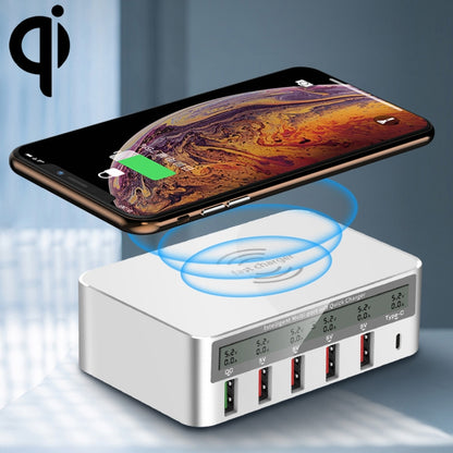 WLX-818F 6 in 1 10W QC3.0 Wireless Charging + USB-C / Type-C + 4 USB Ports Charger with Smart LCD...