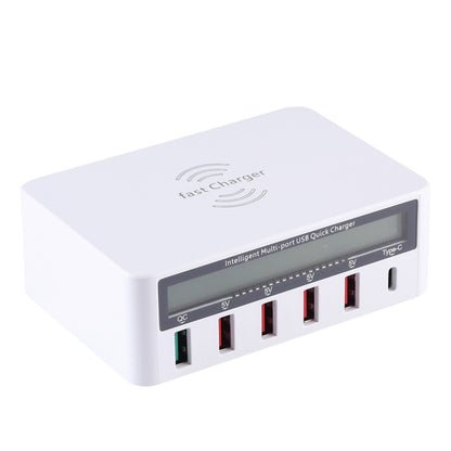 WLX-818F 6 in 1 10W QC3.0 Wireless Charging + USB-C / Type-C + 4 USB Ports Charger with Smart LCD...