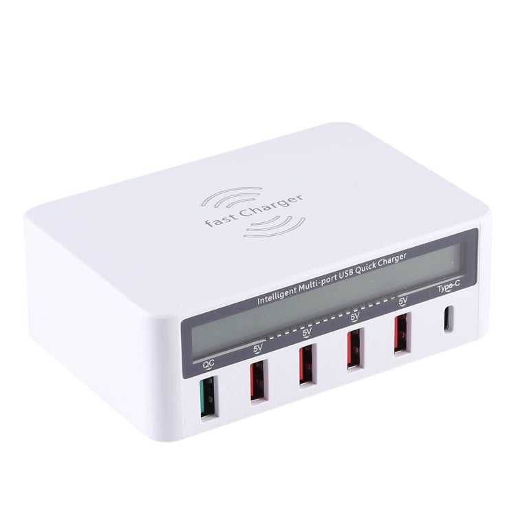 WLX-818F 6 in 1 10W QC3.0 Wireless Charging + USB-C / Type-C + 4 USB Ports Charger with Smart LCD...