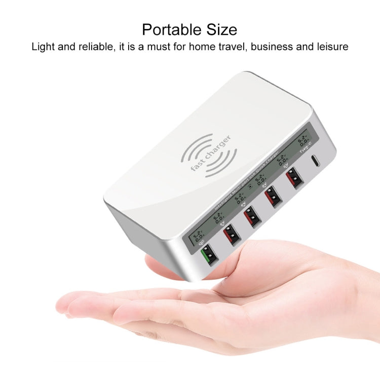 WLX-818F 6 in 1 10W QC3.0 Wireless Charging + USB-C / Type-C + 4 USB Ports Charger with Smart LCD...